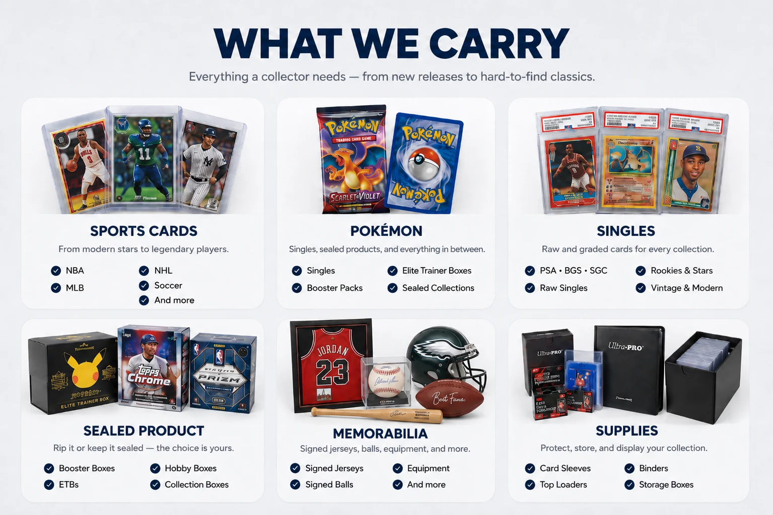 What SeaDubs Card Shop carries: sports cards, Pokémon, singles, sealed product, memorabilia, and supplies.